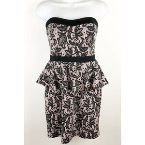 Heartsoul Womens Strapless Peplum Dress L Black Pink Lace Bodycon Cocktail Party